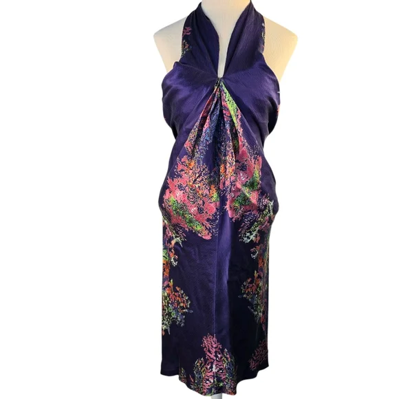Halston Heritage Woman's Silk Dress Size 4 Twist‎ Front Halter Midi Floral Blue - Picture 2 of 13